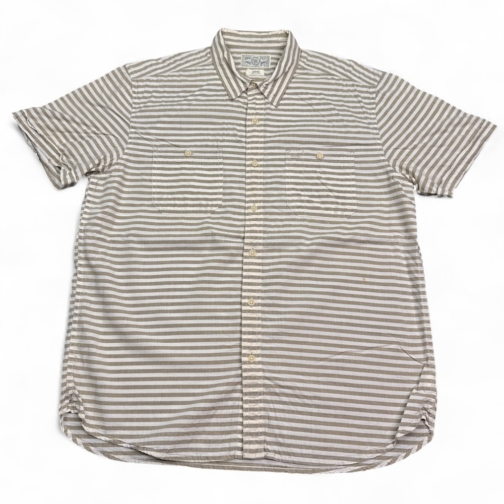 Lucky Brand Button Up Shirt Mens Size Large Tan Beige Striped‎ Short Sleeve